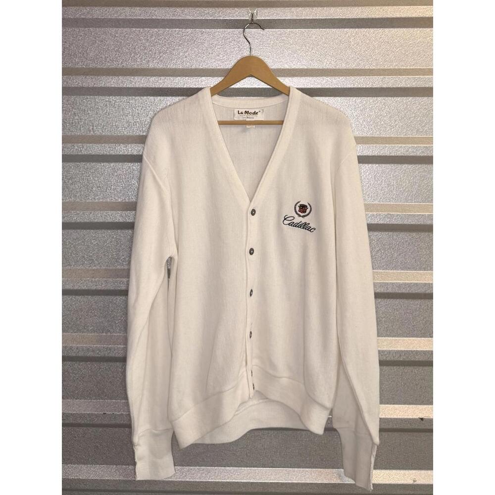 Vintage Cardigan La Mode White Cadillac Embroidered Cardigan Sweater Medium